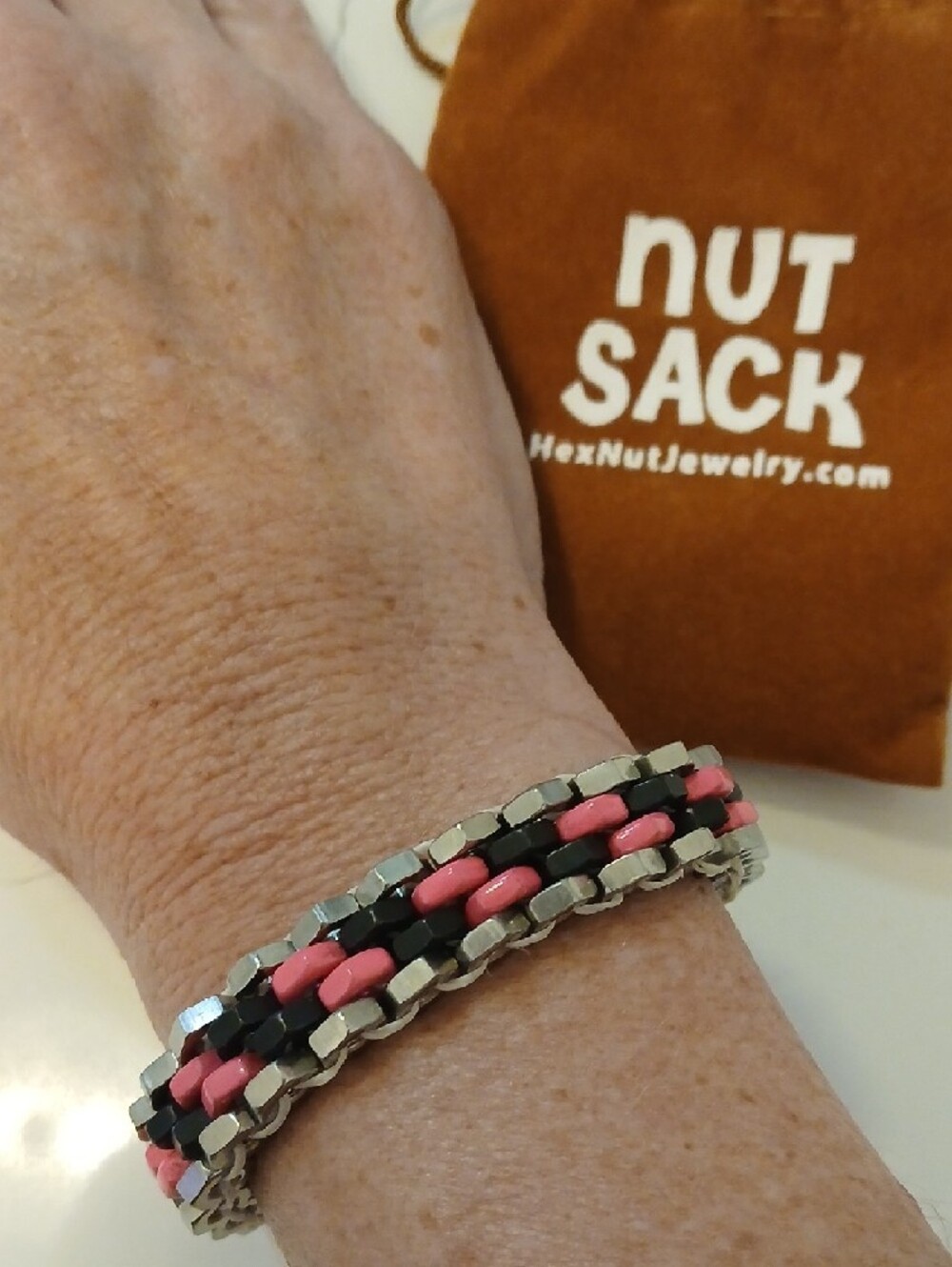 Pink and Black Beaded Link Bracelet with Silver-Tone Accents - Picture 3 of 6
